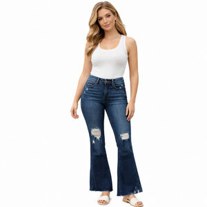 Judy Blue Womens Jeans Size 3/26 Blue High Rise Flare Distressed Boho Festival